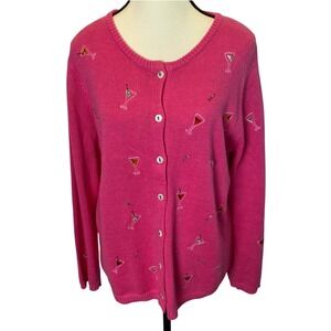Susan Bristol Women's Size XL Pink Martini Cocktail Embroidered Cardigan Sweater
